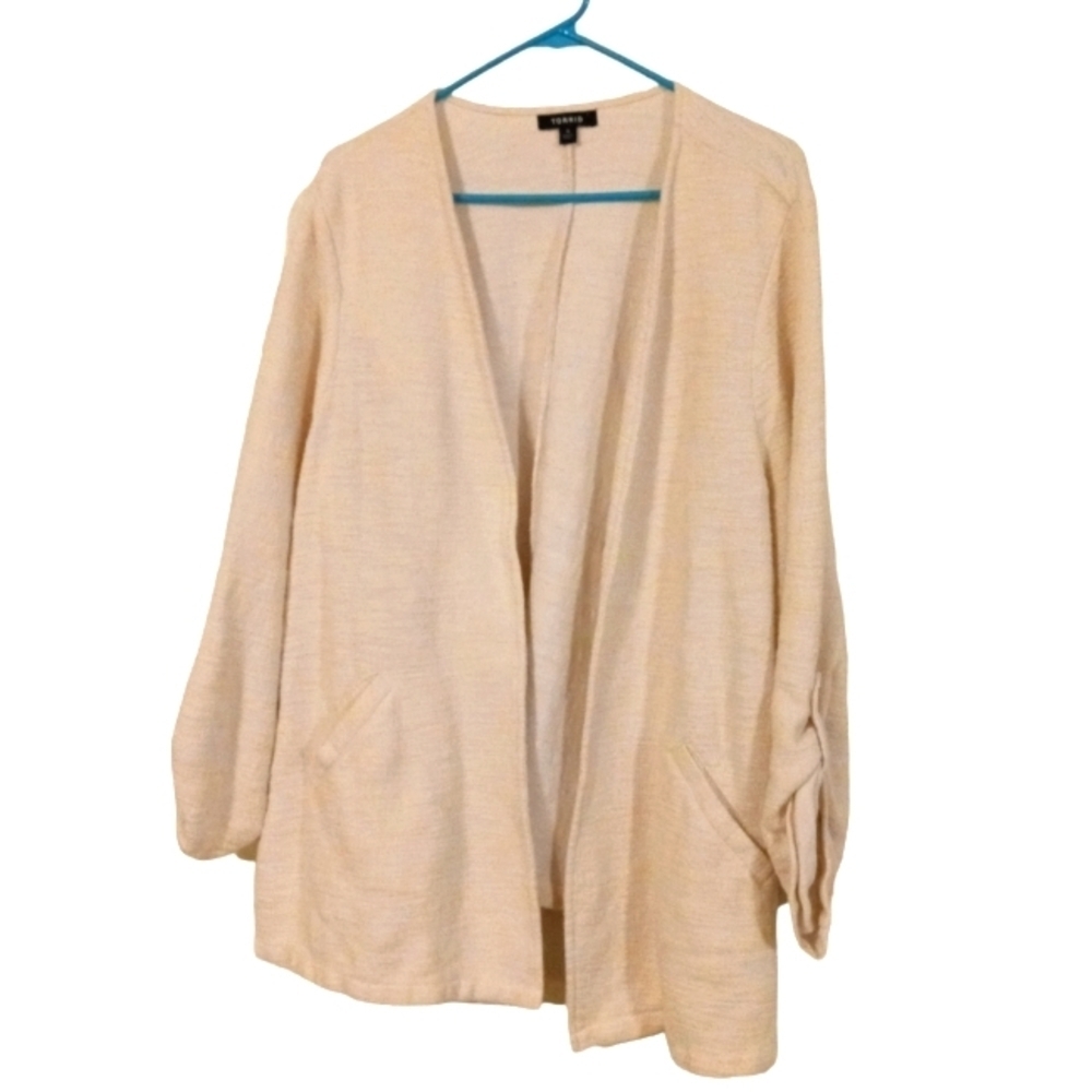 Torrid Boucle Open Front Jacket Ivory Minimalist Long Roll-Tab Slve. Beachy 4X